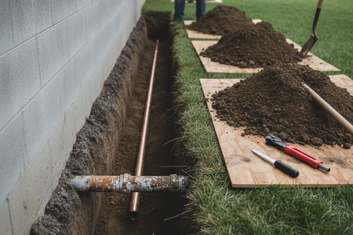 Excavated water line trench during Water Heater Repair in Harkers Island